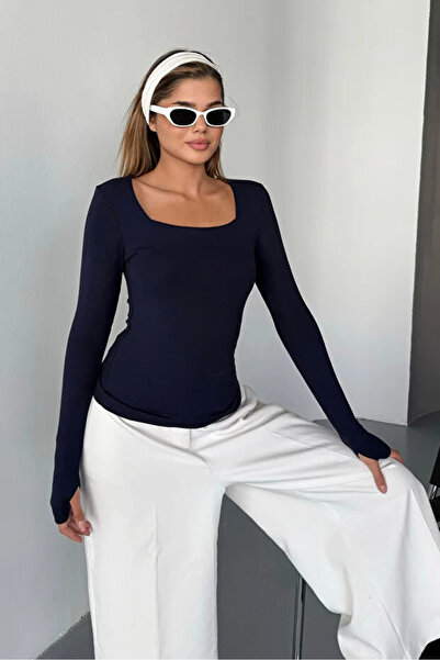 jeneric Navy Blue Square Neck Finger Detail Buzzy Fabric Slim Fit Body-Blouse