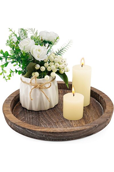 OASIS-TH صينية حامل شموع خشبية مستديرة بتصميم ريفي مع لمسة نهائية عتيقة - قطعة مركزية على طراز المزرعة