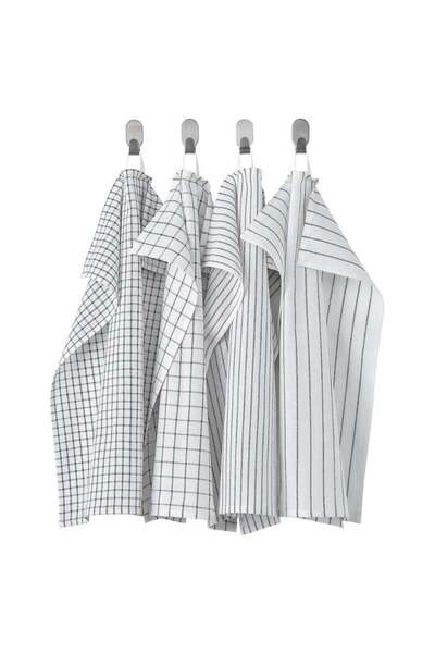 RINNIG Tea Towel Set, White/Dark Grey, Patterned, 4-Pack, 45x60 cm