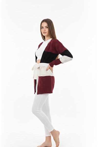 rushana Women's Colorful Pocket Belted Slim Fit Knitwear Cardigan