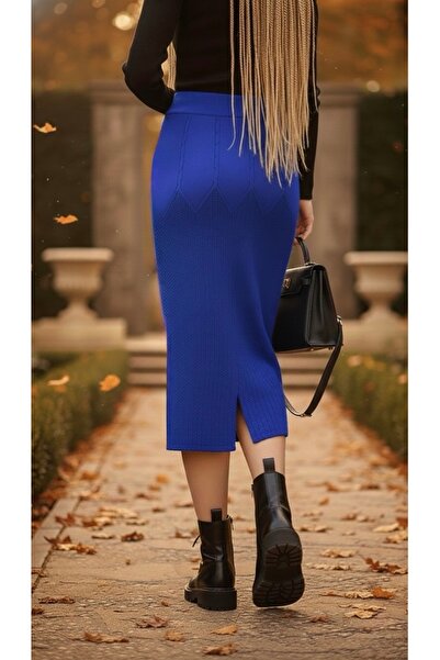 bohostyle Fustă tricotată elastică, lungime 80 cm, croială dreaptă cu despicătură la spate