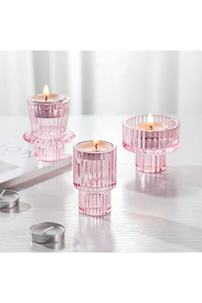 Guyana Glass Candle Holders Set of 3 - Ribbed Crystal Candlesticks (Pink)