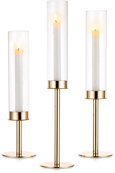 NUPTIO حاملات شموع أسطوانية زجاجية، ذهبية، مجموعة من 3 قطع
