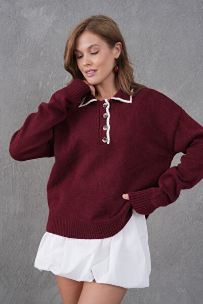 Noi Belis Oversized Polo Collar Half Placket Button Detail Knitwear Sweater Aw25Kz0096