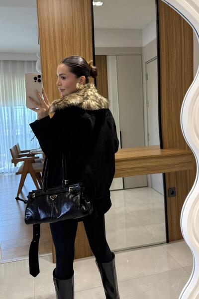 Ecenin Favorileri Buy One Size Small Black Women's Coat with Detachable Fur Collar Oversized Diagonal Zipper