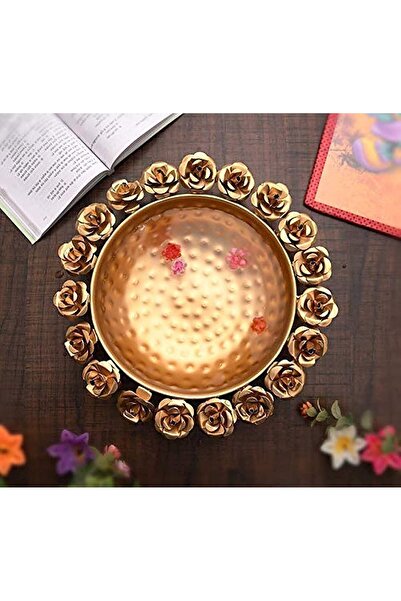 JR Handicrafts World إطار زهور دائري مصمم من Urli (مجموعة من قطعة واحدة) - ذهبي