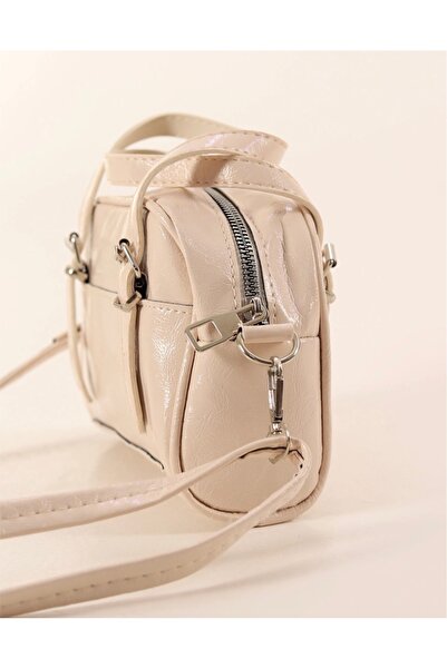 EZZY BLİSS Women's Cream Mini Double Belted Shiny Hand Shoulder and Strap Bag
