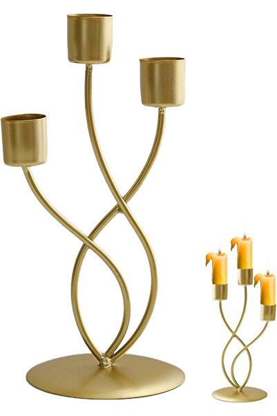 KASTWAVE Modern 3-Arm Metal Candlestick Holder (Gold)