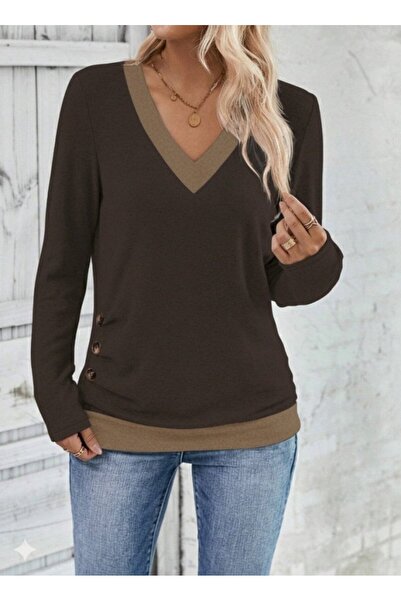 Meleners Women's Long Sleeve V Neck Side Button Wool Viscose Blouse