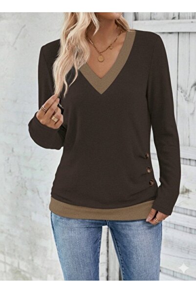 Meleners Women's Long Sleeve V Neck Side Button Wool Viscose Blouse