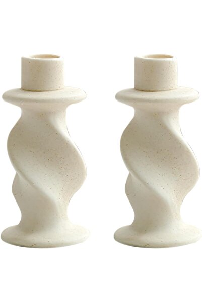EXCEFORE Taper Ceramic Candle Holder - Spiral Textured, Beige, Set of 2