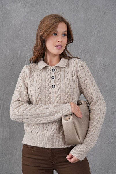 Noi Belis Hair Braid Detail Half Placket Button Polo Neck Knitwear Sweater Aw25Kz0097