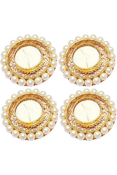 Aditri Creation Set of 4 Pearl Moti Design Tealight Holders (White, 3")