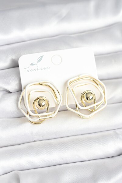 Clariss Brass Gold Color White Enamel Geometric Rose Model Women's Earrings -...