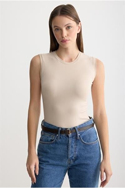 MODA MAÇKA PARK Viscose Body Suit with Crew Neck and Zero Sleeves, Bodysuit Underwear.