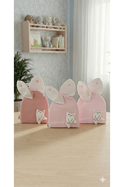 CloudStone Kız Bebek Pembe Tonları 3'lü Tavşan Kulaklı Penye Bere Kombini