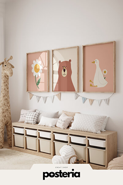 Posteria 3'lü Sevimli Doğa Dostları Doğal Ahşap Çerçeveli, Tablo Seti, Çocuk ...
