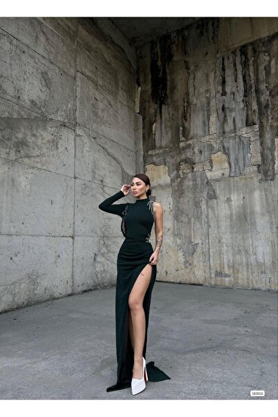 Modafeminen guler ridicat cu pietre aplicate cu fantă FLORE Rochie de seara 583055 SMARALD