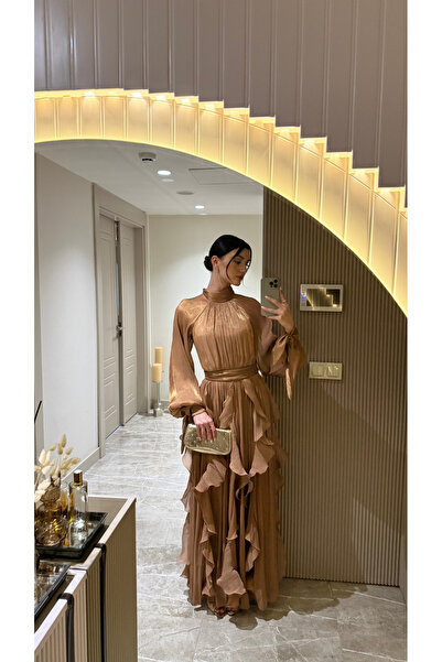 Klex Yüksek Yaka Şifon Uzun Abiye Elbise – Fırfırlı Dökümlü Kuşaklı Model