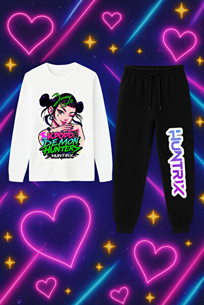 MECH BUTİK K-Pop Demon Hunters Hunterix Printed Long Sleeve Combed Cotton Sweat Sweatpants Set Bottom Top Set