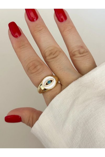 STAİNLES Adjustable Enamel Detailed Evil Eye Bead Gold Ring