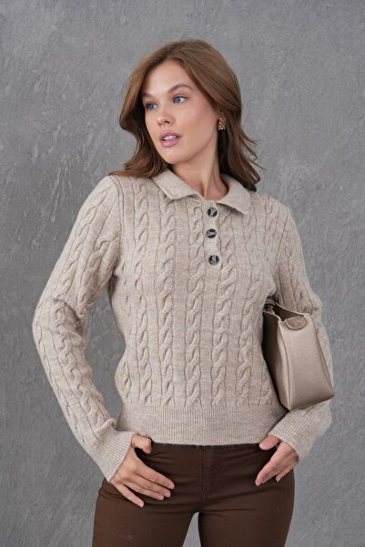 Noi Belis Hair Braid Detail Half Placket Button Polo Neck Knitwear Sweater Aw25Kz0097