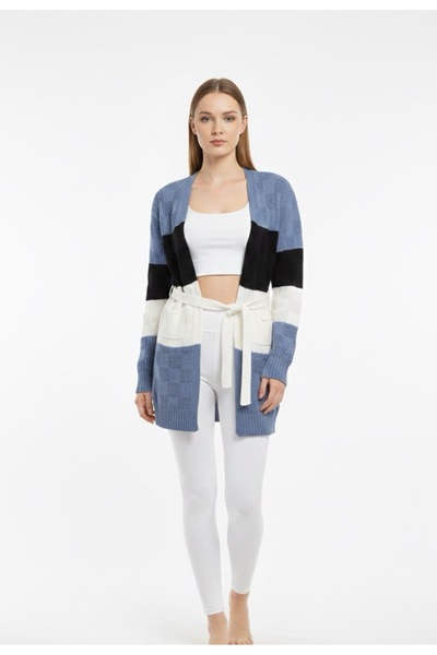 rushana Дамски тънък, цветен, с джобове и колан, плетен кардиган