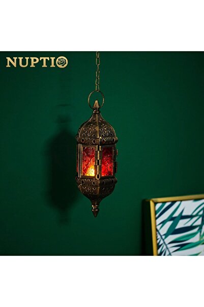 NUPTIO Hanging Hexagon Moroccan Candle Lanterns, 2-Pack, Bronze Metal with Red & Purple Glass