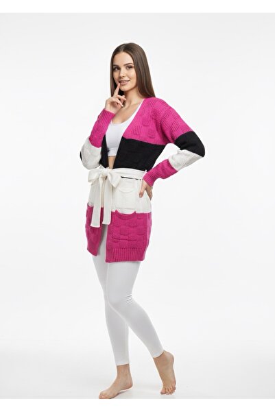 rushana Women's Slim Fit Color Pocketed Belted Knitwear Cardigan