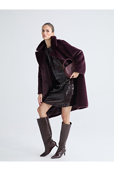 LC Waikiki Burgundy Jacket Collar Women's Fur Coat