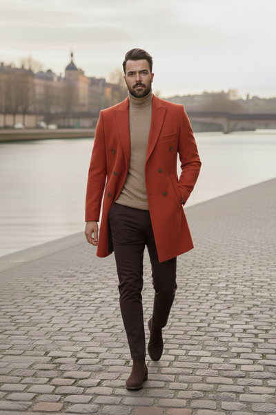 NAZEF Slim Fit Swallow Collar 80% Wool Tile Color Double-Breasted Coat