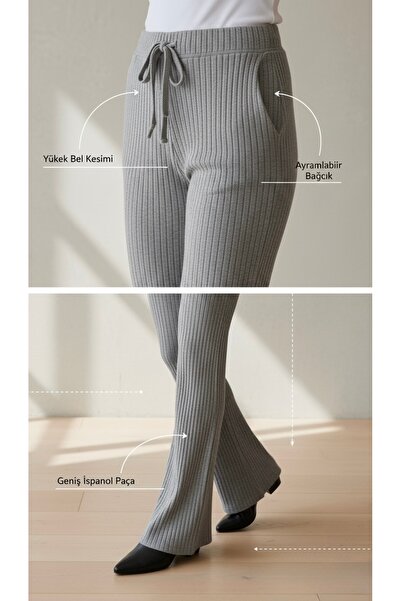 Daynav Corded Fabric High Waist Tie-Up Flared Leggings Pants / Rib Knit Winter Slim-Fit Pants