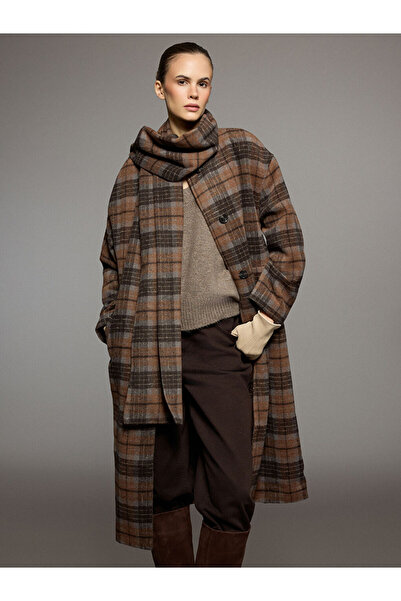 LC Waikiki Brown Scarf Collar Plaid Women's Cashmere Coat