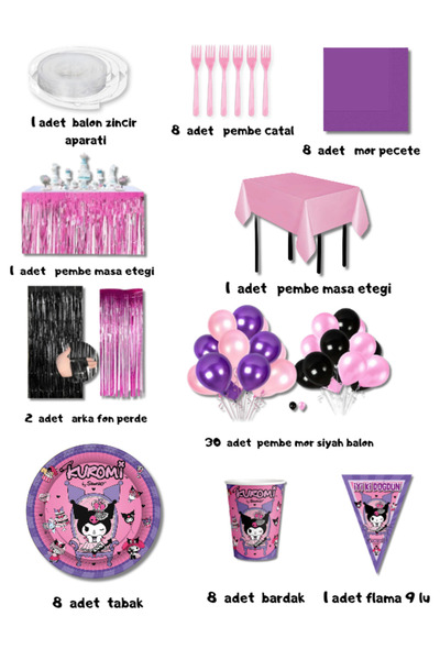 Parti Furyası Kuromi Party Set 8 Person Premium | Kuromi Concept with Table Skirt, Background, Balloon Chain