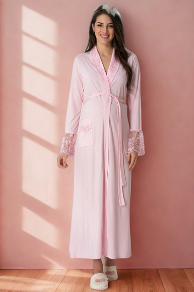 bigmama Women's Stylish Lace Long Pink Dressing Gown - with Pockets 100% Stre...