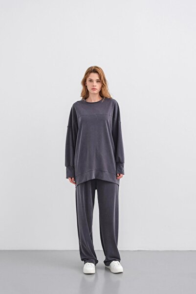 Basicpark Füme Kadın Tncl Karışımlı Yumuşak Dokulu Nervürlü Bol Paça Basic Al...