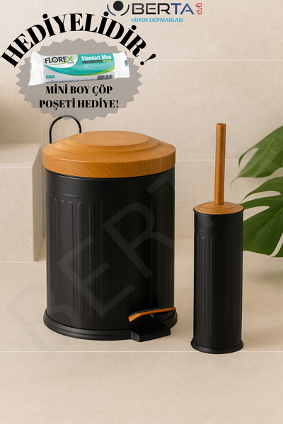 Berta Hijyen Vintage Banyo Seti Ahşap Boyalı Siyah Çöp Kovası 5lt Tuvalet Fır...