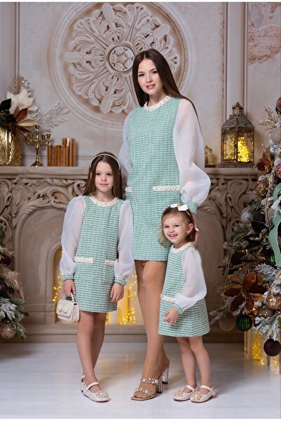 kiddos.ro Set mama-fiica elegant din tweed cu maneci bufante din organza - ro...