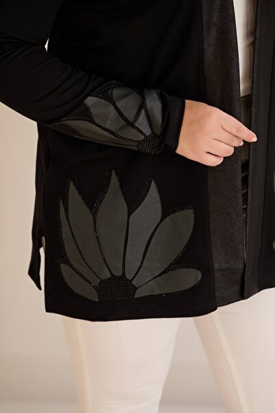 TUSSE Women's Classic Cut Leather Detailed Sequin Detailed Plus Size Stylish Cardigan