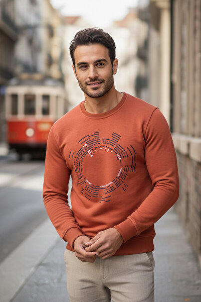 NAZEF Slim Fit Patterned 100% Cotton Long Sleeve Casual Brick Color Sweatshirt