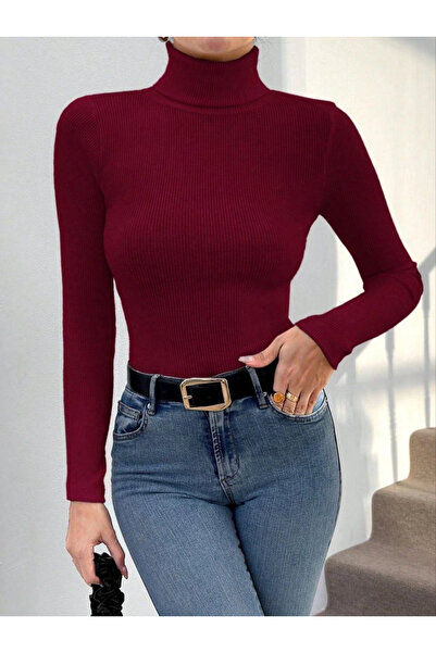 hibiscus Fisherman collar slim fit Ribbed Knit burgundy sweater w3103