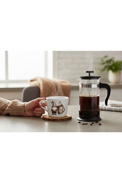 ODİ HOME Filter Coffee Set French Press 1 Liter and 2 Pieces Printed Mugs 240 ml