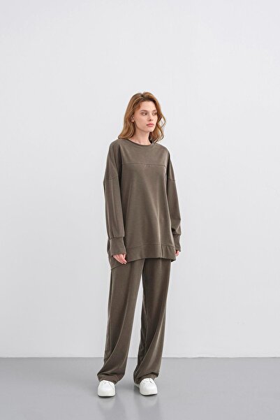 Basicpark Haki Kadın Tncl Karışımlı Yumuşak Dokulu Nervürlü Bol Paça Basic Alt-Üst Takım