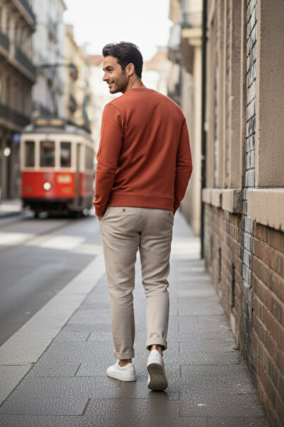 NAZEF Slim Fit Patterned 100% Cotton Long Sleeve Casual Brick Color Sweatshirt