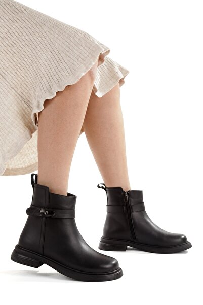 Modabuymus Μαύρες γνήσιες δερμάτινες καθημερινές γυναικείες μπότες χωρίς τακούνι Ar26