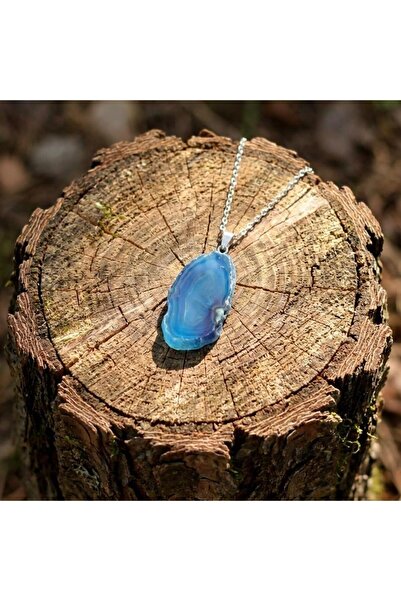Taş Sandığı Mavi Akik Taşı Dilim Kolye – Çelik Zincirli