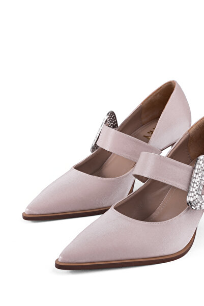 MARY Special Series Jane High Heels Designed with Luxurious Textured Fabric and Glittering Triangle Buckle