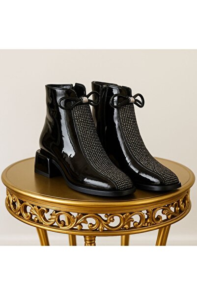 Yeşilmoda botu kadın parlak taş işlemeli siyah Kışlık İç Kürklü 5 Cm Topuklu ...