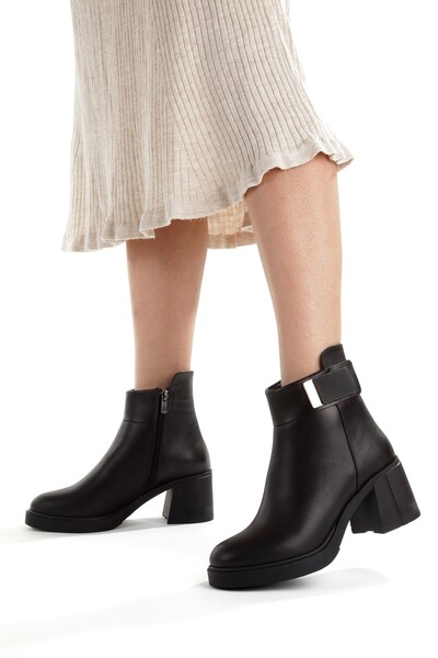 Modabuymus Μαύρες γνήσιες δερμάτινες μπότες με χοντρό τακούνι καθημερινά γυναικεία μποτάκια Sun44