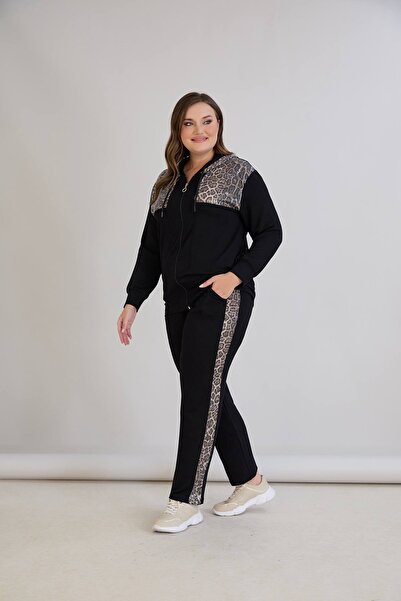 TUSSE Elegant Women's Leopard Sequin Embroidered Zippered Plus Size Sports Tracksuit Set